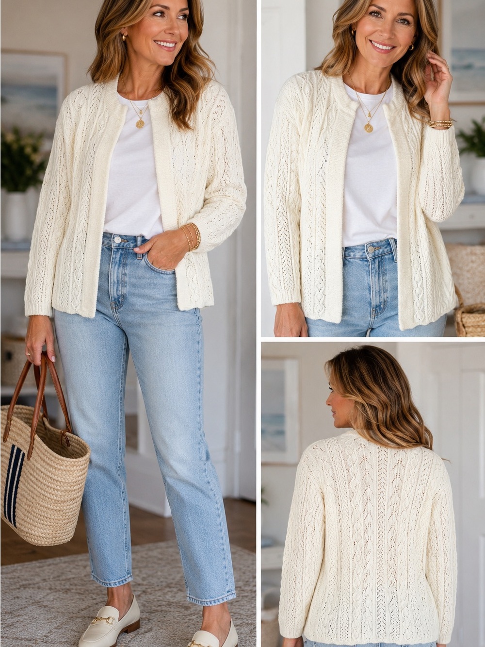 Women's Cream Open-Knit Cardigan Sweater 70’s Vintage